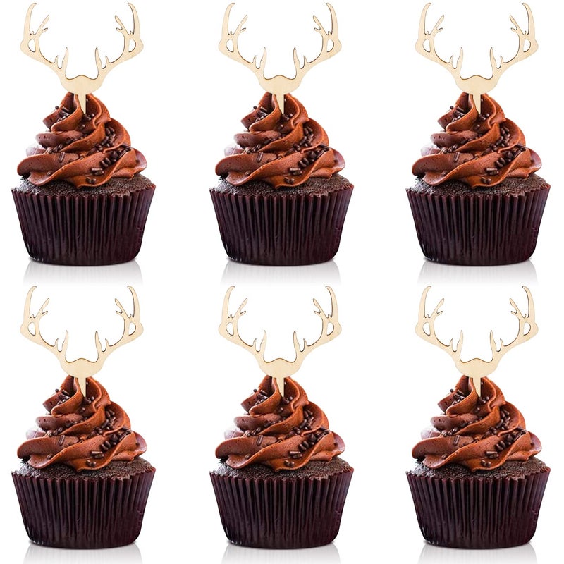 Huray Rayho Antler Cupcake Toppers Wooden Deer Cake Picks Decorations Baby Shower Wedding Hunting Boho Rustic Country Birthday Theme Party Supplies Qty 24 - Image 1